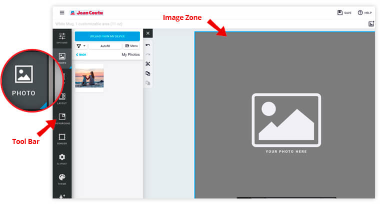 To apply an image to your gift item, select the Image zone (a grey area in the layout). Then, select the Photo button in the toolbar on the left side of your window. Select the photo that you want to add, and you will be able to edit the picture, add text, and modify the layout.